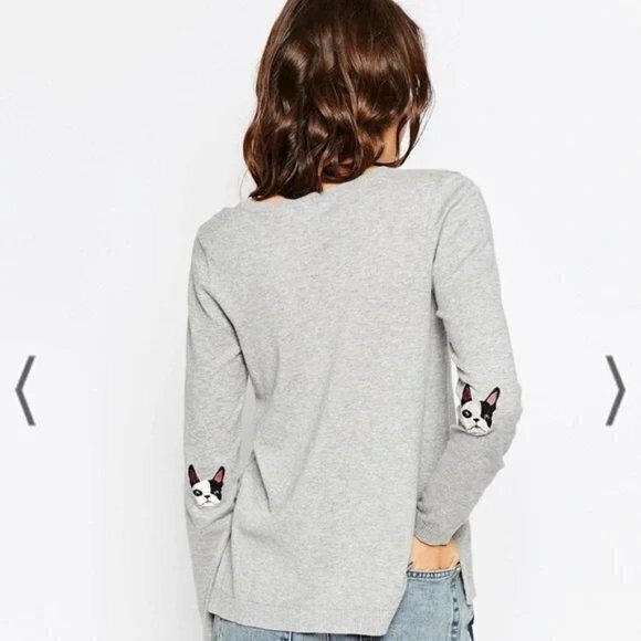 Asos Gray Crewneck Sweater with French Bulldog elbow patch Womens Size 4 Knit - Picture 1 of 8